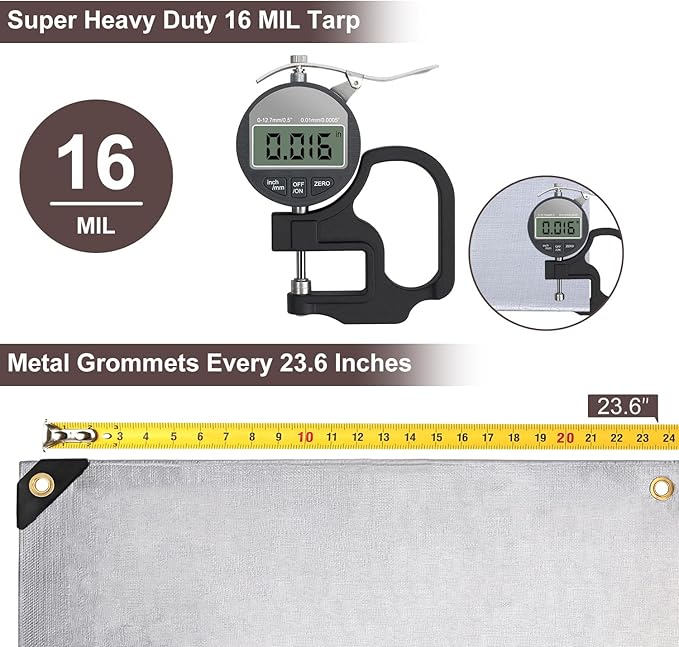 Tarp 10x12FT, 16 Mil Large Tarp, Tarps Heavy Duty Waterproof with Grommets Every 23.6", 420D Thick Plastic Tarp, UV Resistant Tear&Fade Resistant, Reinforced Edges for Outdoor Pool Camp Tent
