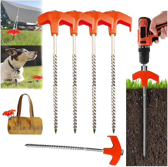 8" Screw in Tent Stakes - Ground Anchors Screw, 2024 New Screw in Tent Stakes Heavy Duty, Metal Threaded Tent Spikes, Tent Pegs Camping Stakes, Tent Stakes for Outdoor Camping (8, Red)