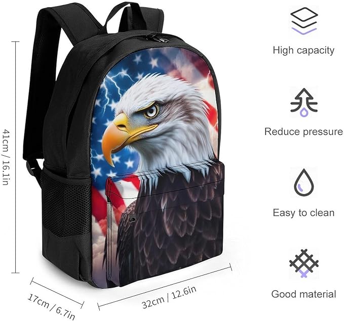 Supdreamc Lightweight Daypack Backpack for Trekking Work Running, Big Capacity Multipurpose Anti-Theft Bookbag, American Flag Cool Bald Eagle Business Computer Bag