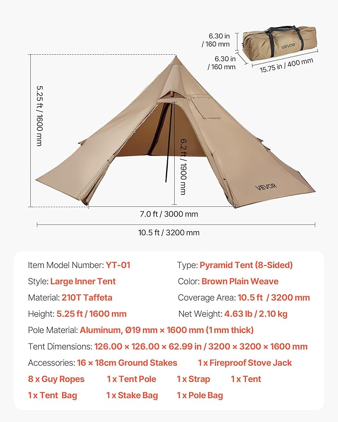VEVOR Hot Tent, Camping Tipi Hot Tents with Stove Jack, Portable Winter Camping Tents with Snow Skirt, Easy Setup, Waterproof 4 Season Shelter Tents for Fishing Backpacking