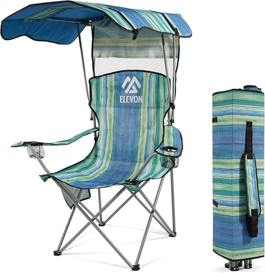 Elevon Camping Chair, Oversized Folding Chair with Canopy, Portable Outdoor Chair with Arms, Cup Holder and Carry Bag for Camping, Fishing, Beach, and Sports, Turquoise