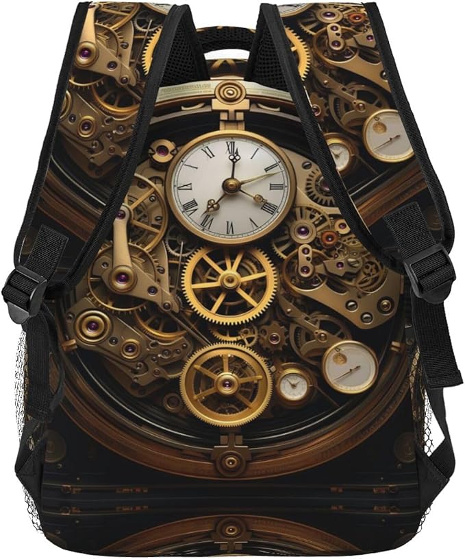 Men Women Lightweight Cool Steampunk Gears Art Daypack Bookbag Big Capacity Carry On Bag With Side Pockets for Camping Travel Bicycle