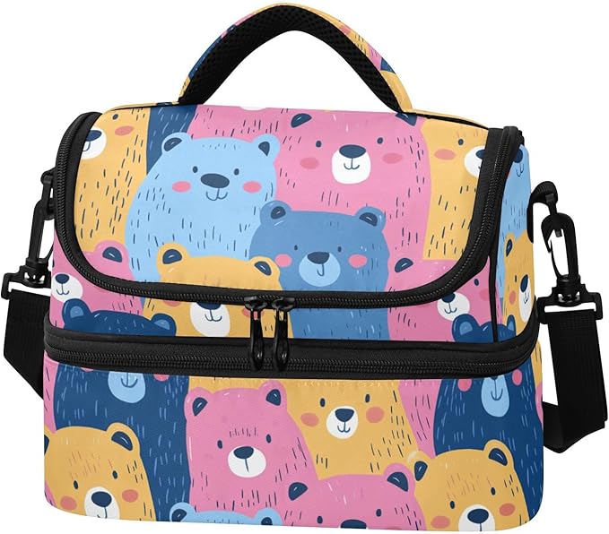 Double-Layer Lunch Bag Cartoon Bears Double Deck Cooler Bags with Detachable Shoulder Strap for Office Picnic Hiking Beach lonchera termo para comida Caliente