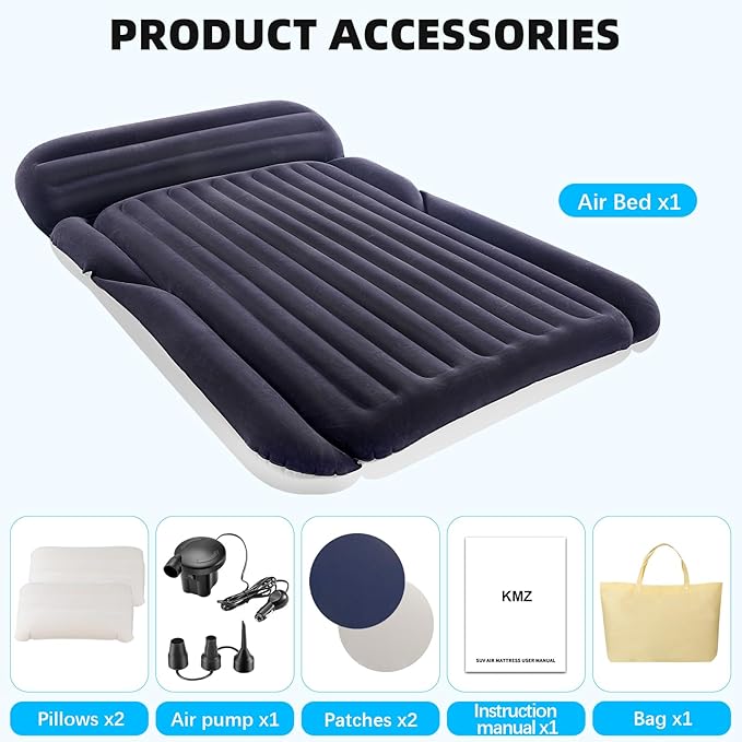 KMZ SUV Air Mattress with 2 Pillows – Thickened and Flocked Car Bed – Portable Travel Pad for Camping & Road Trips – Quick Inflate & Deflate with External Pump – Blue-Black and Cool Gray