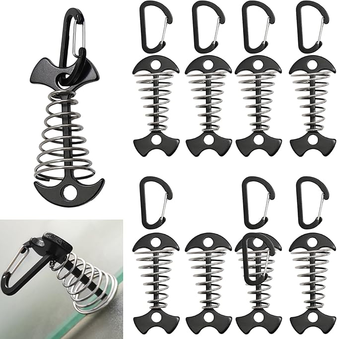 10 Pack Deck Anchors Pegs with Carabiners, Aluminum Rope Tent Tie Down Stakes Clips with Carabiners Outdoor Camping Accessoriness, Black
