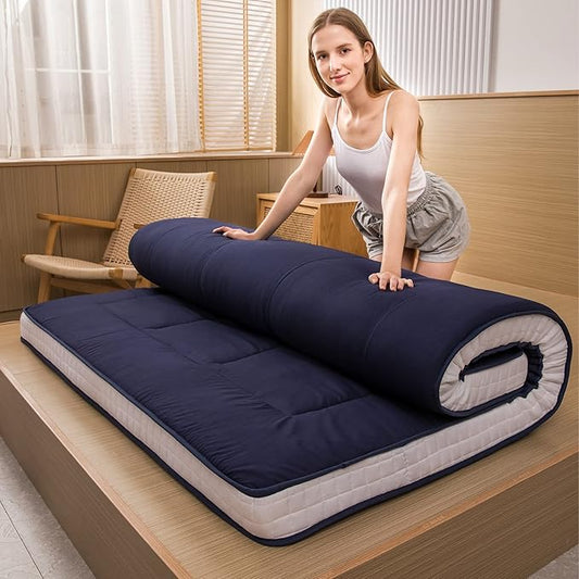 MAXYOYO Futon Mattress, Padded Japanese Floor Mattress Quilted Bed Mattress Topper, Extra Thick Folding Sleeping Pad Breathable Floor Lounger Guest Bed for Camping Couch, Navy, Full