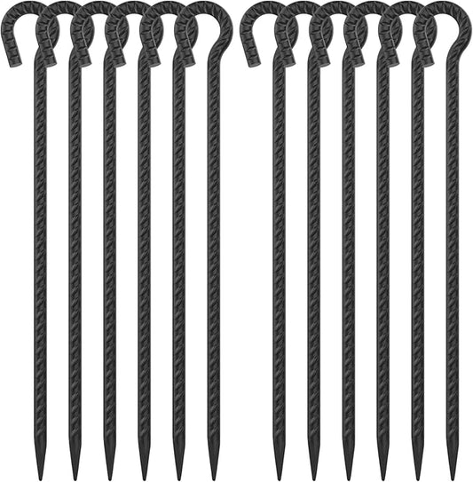 18 Inch Rebar Stakes with Loop 12 Pack Camping Tent Ground Anchors Heavy Duty 1/2 Inch Diameter Metal Tree Stakes and Supports for Leaning Trees, Dog Tie Out Stake, Garden Rope Fence Stakes, Black