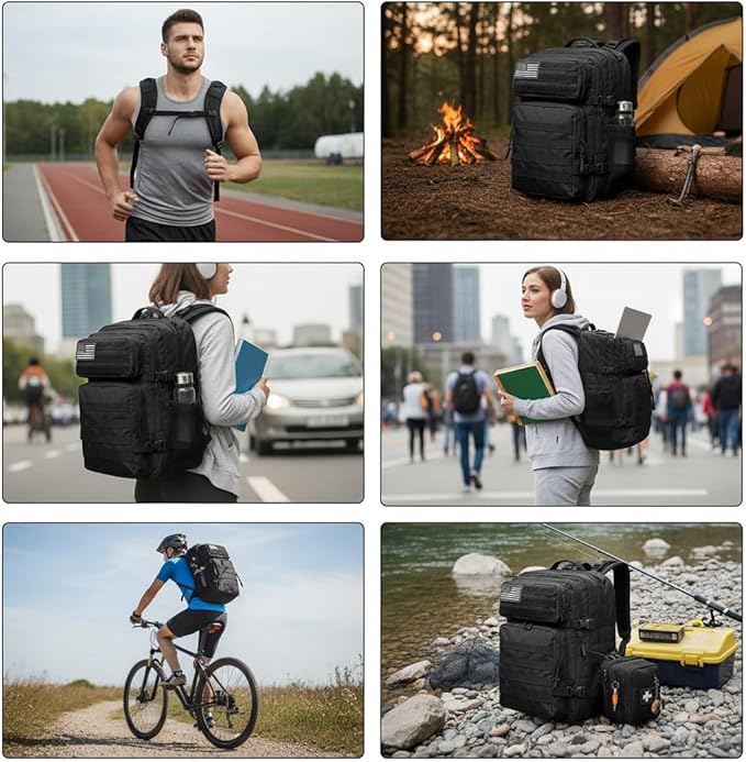 Military Tactical Backpack 45L Bug Out Bag Assault Pack Molle Daypack Hiking Gym Rucksack with Bottle Holder(Black)