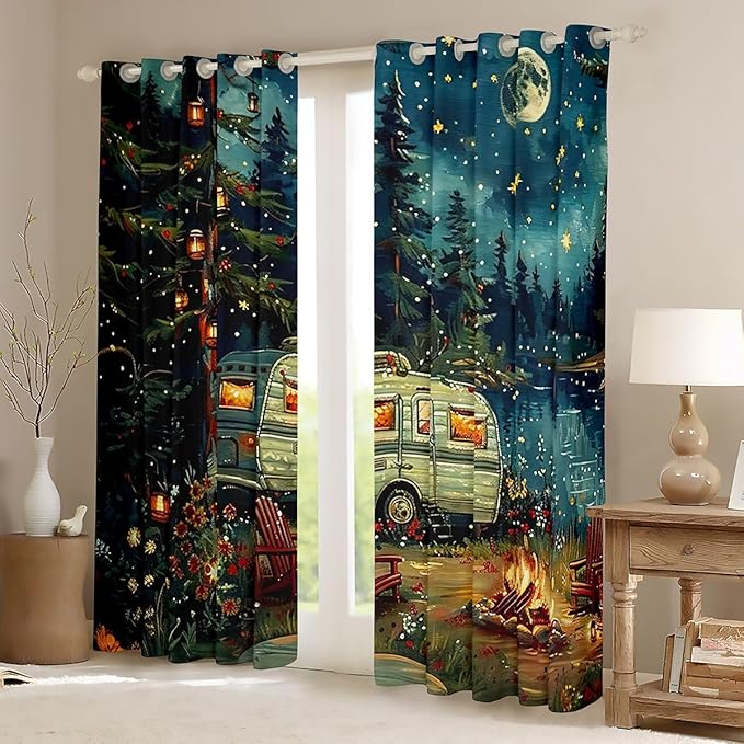 Feelyou RV Camping Camper Blackout Curtains Happy Camping Darkening Drapes for Bedroom Living Room Decor Adventure Camper Thermal Insulated Shades Window Treatments, 2 Panels 52 x 63 Inch