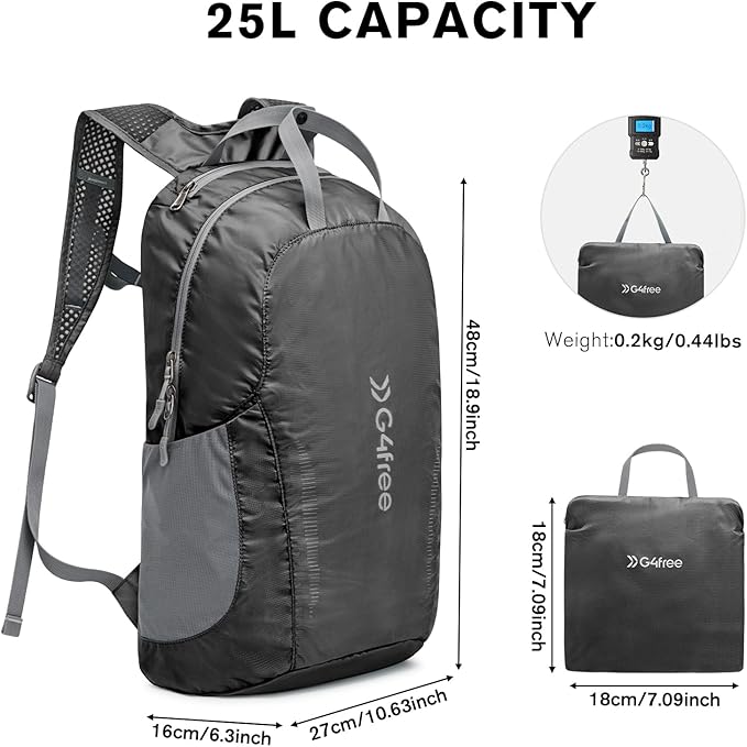 G4Free 25L Lightweight Hiking Backpack Packable Foldable Sport Travel Daypack Water Resistant for Women Men（Black）