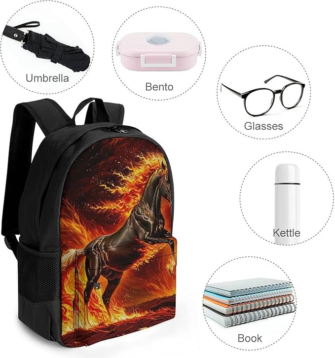 Backpack Multipurpose Anti-Theft Large Capacity Bookbag, Horse Fire Travel Hiking Daypack With Side Pockets