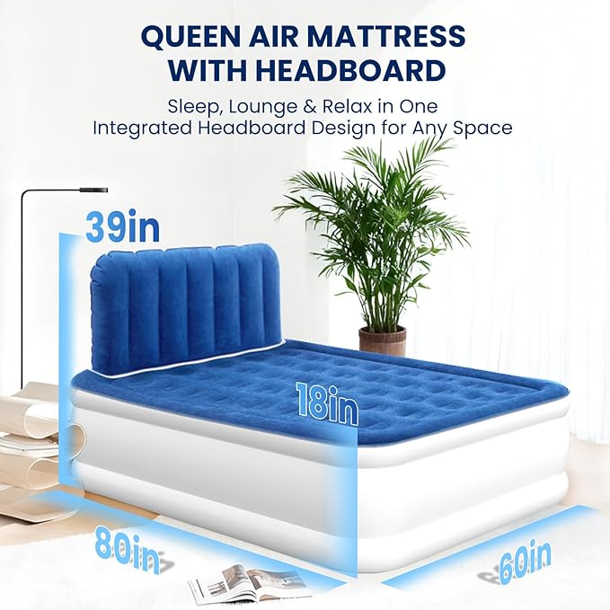 Queen Air Mattress with Headboard, Built-in Pump, 19" Raised Comfort Design, 800 lbs Max, 48-Hour Leak-Tested PVC, 3.5 Min Fast Inflation & Headboard, Durable Air Bed for Home, Guests Bed, Travel