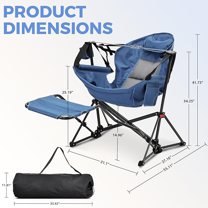 Ainfox Hammock Camping Chair with Footrest, Foldable Portable Rocking Chairs for Adults Outside Swinging Camp with Cup Holder Pillow for Outdoor Patio Poolside (Dark Blue)