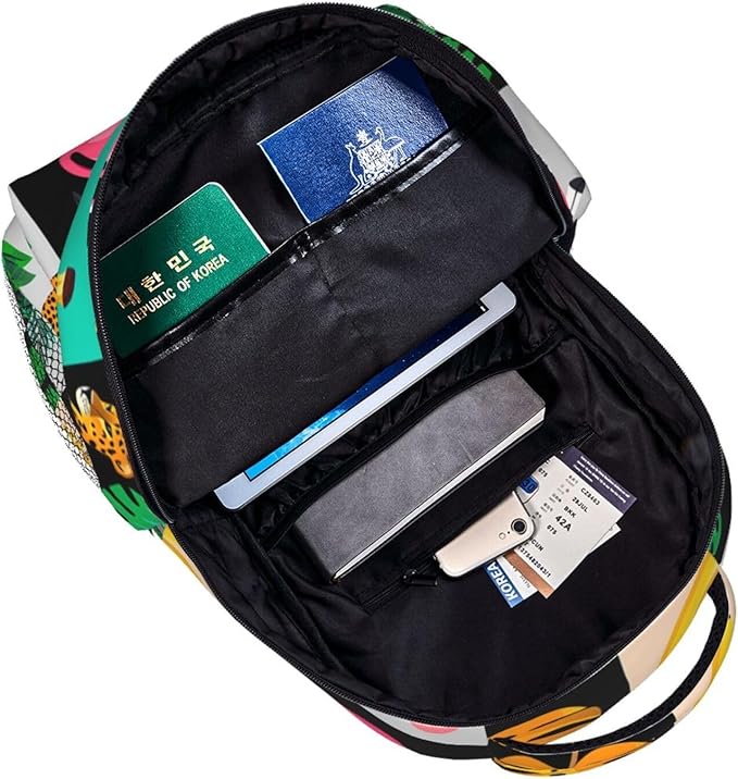 Daypack Backpack Anti-Theft Multipurpose Large Capacity Carry On Bag, Banana Palm Leaf Leopard Flamingo Stripe Traveling Camping Backpack With Side Pockets