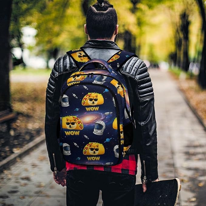 Travel Backpack Purse for Women, Galaxy Space Shiba Inu Dog Cute Laptop Backpack with Tumbler Holder for Nurse Teacher College Work Casual Daypack