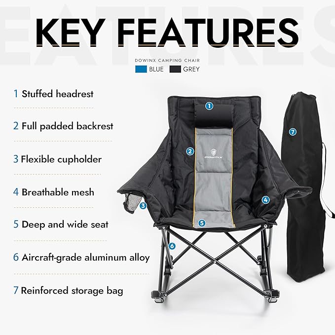 Dowinx Oversized Rocking Camping Chair, Fully Padded Patio Chair with Side Pocket and Carry Bag, High Back Portable Lawn Recliner with Headrest, Support 300 lbs, Black