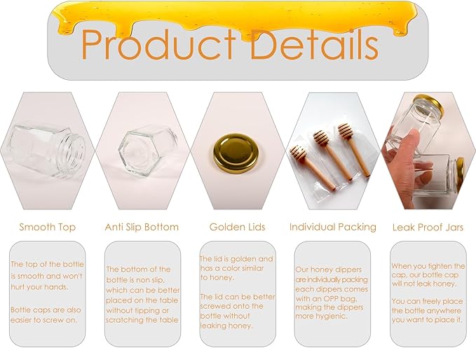 Adabocute Honey Pot, Glass Honey Jars with Wood Dipper, Gold Lid, Bee Charms, Gold Organza Bags, Thank-you Tags, Ideal for Bee Party Favors, 4oz/120ml 12 Pack