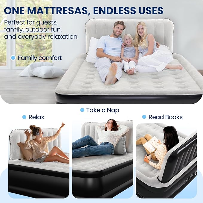 Queen Air Mattress with Headboard, Built-in Pump, 19" Raised Upgraded Comfort, 800 lbs Heavy-Duty Support, 48-Hour Leak-Tested, 3.5 Min Inflatable Portable Blow Up Mattress for Home, Guest & Camping