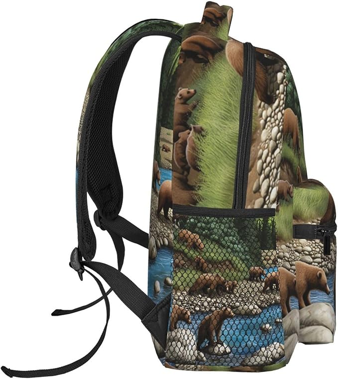 Adults Lightweight Bears Lovers Mountain River Pattern Rucksacks Large Capacity Bookbag With Adjustable Shoulder Straps for Trekking Outdoors Bicycle