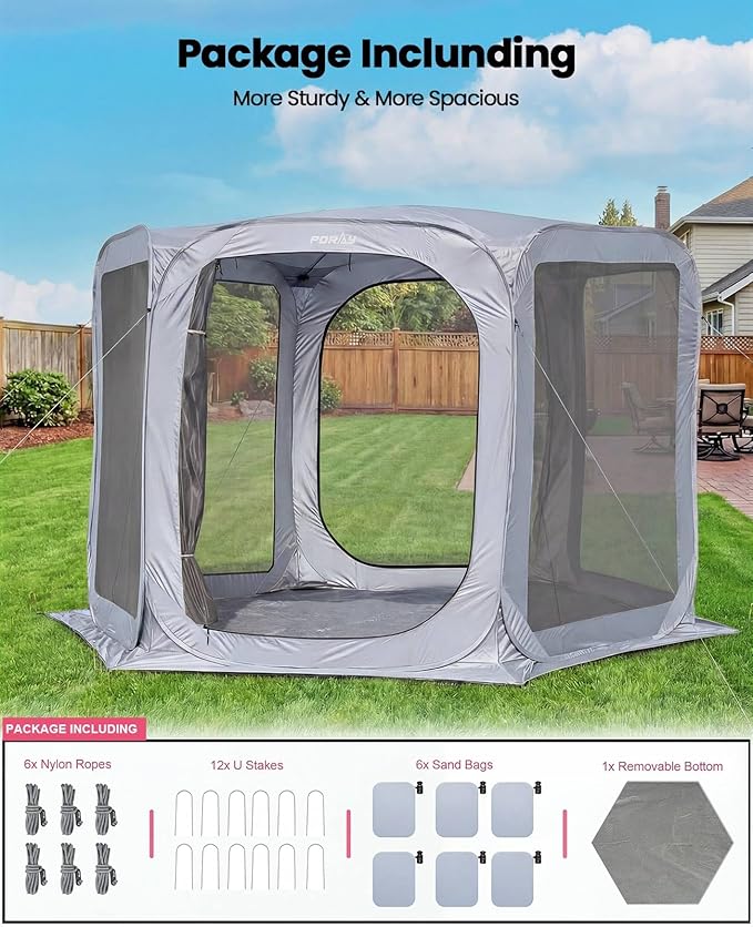 Porayhut Pop up Screen House Tent Sun Shelter with Breathable Mesh Doors,Portable Camping Tent with Detachable Waterproof Floor,10x10FT Screen Canopy Outdoor for Family Friends Party