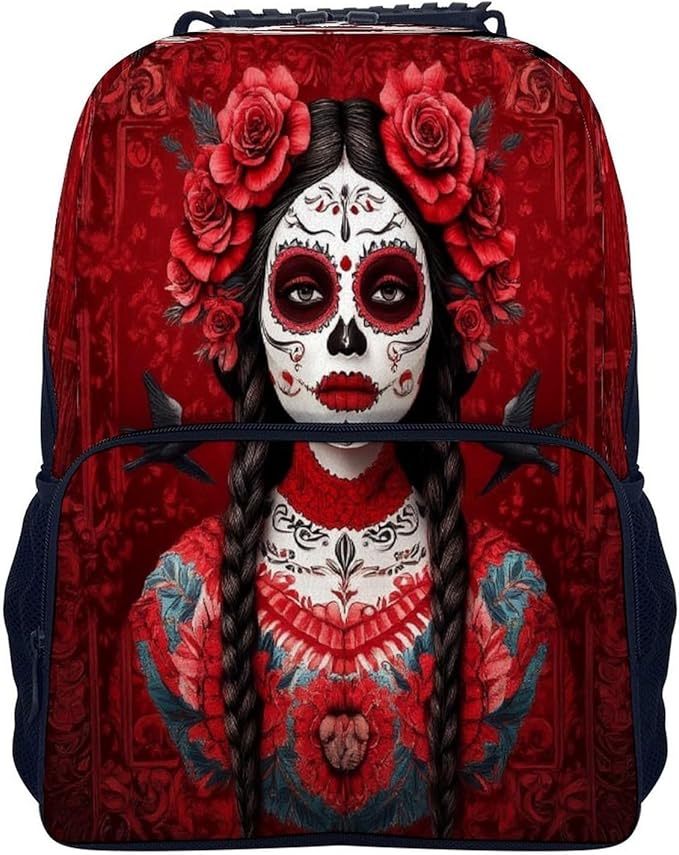 Polyester Daypack for Hiking Work Running, Big Capacity Anti-Theft Multipurpose Shoulder Bag, Mexican Red Rose Sugar Skull Floral Women Day Of The Dead Art Travel and Sport Backpack Rucksack