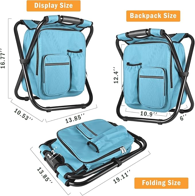 Kikerike Backpack Stool Cooler Chair Heavy Duty 300 LBS Max Load Portable Lightweight Folding Fishing Cooler for Camping Hunting Fishing - Sky Blue