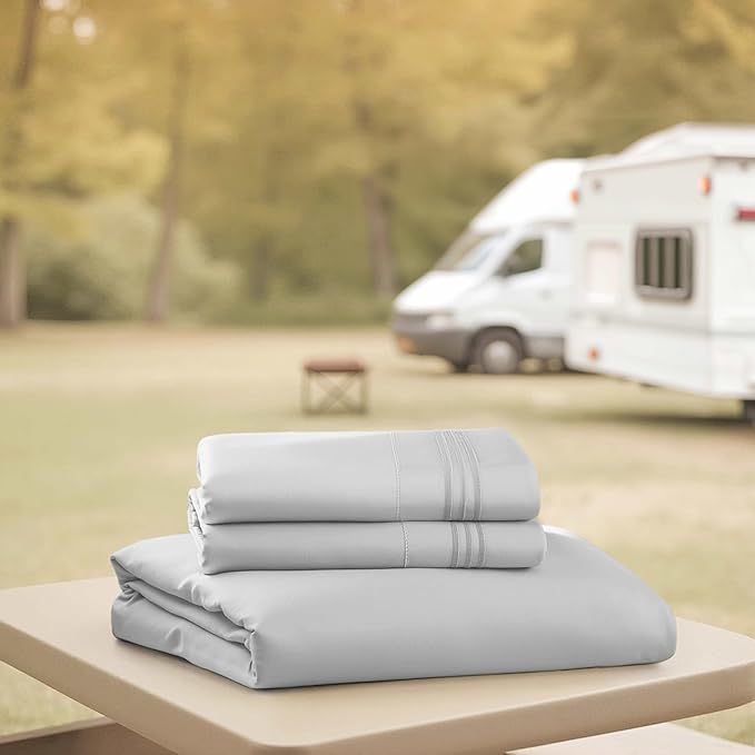 Hearth & Harbor Short Queen Sheets for RV, Light Grey RV Queen Sheets, Silky Soft 1800 Microfiber Bed Sheet for Camper, 4 Piece RV Bedding with Pillowcases