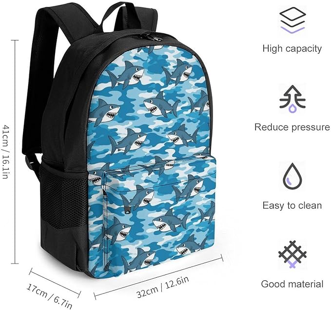 Supdreamc Men Women Polyester Army Blue Camo Shark Art Daypack Backpack Large Capacity Carry On Bag With Smooth Zippers for Hiking Picnic Walking Cycling