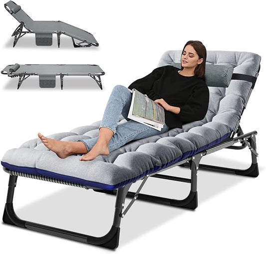 LILYPELLE Portable Folding Camping Cot, Adjustable 4-Position Adults Reclining Chaise with Pillow, Outdoor Portable Lounge Chair Sleeping Cot for Camping, Pool, Beach, Patio