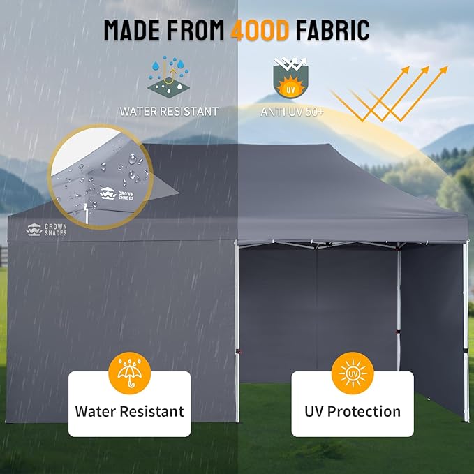 CROWN SHADES 10x20 Pop Up Canopy Tent, Thicken Frame Commercial Heavy Duty Tent, 4 Sidewalls 8 Stakes & 4 Sandbags & 4 Ropes, Outdoor Canopies for Events, Parties, Gray