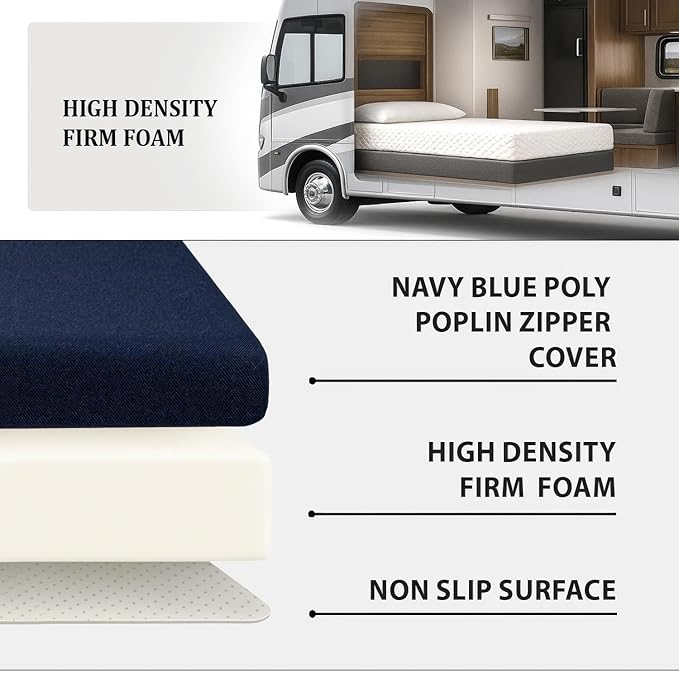 Foamma 6” x 42" x 80", Firm with Water Resistant Cover, Mattress Replacement for RV Bunk, Camper, Truck & Travel Trailer, Back Support, CertiPUR-US Certified, Made in USA.