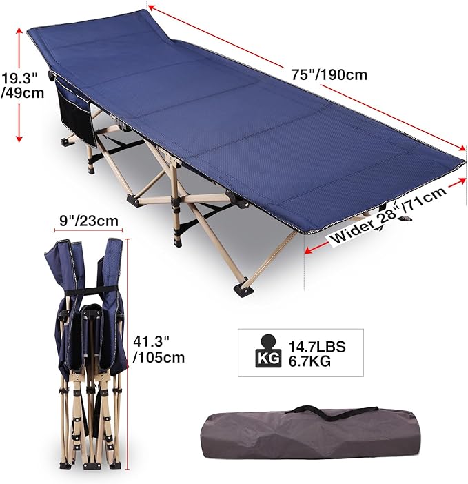 REDCAMP Folding Camping Cots for Adults Heavy Duty, 28" Extra Wide Sturdy Portable Sleeping Cot for Camp Office Use, Blue