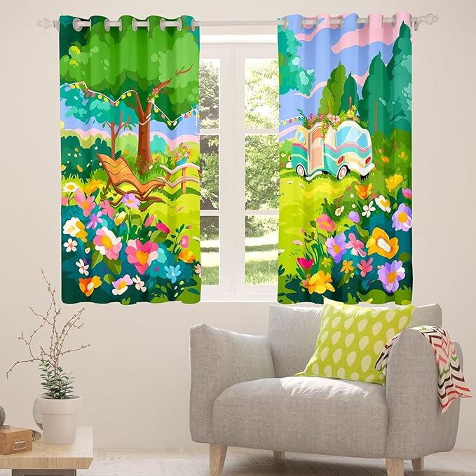 Erosebridal Happy Camping Window Drapes Camper Blackout Curtains 38" Wx45 L Rv Camper Curtains for Bedroom Living Room,Spring Camping Themed Floral Window Treatments 2 Panels