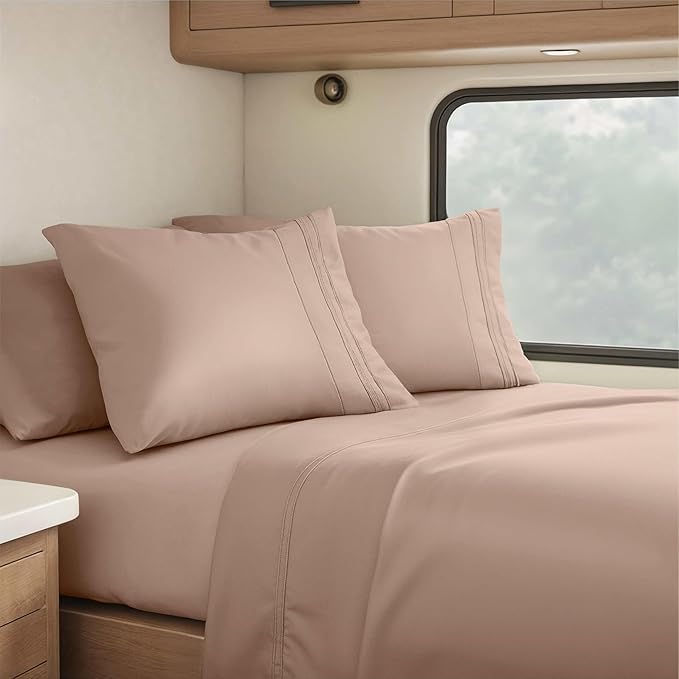 Clara Clark RV Queen Sheets, 6 Piece RV Sheets Set - Hotel Luxury Sheets for RV Bunks, Super Soft Bedding Set, Short Queen,Taupe Sand