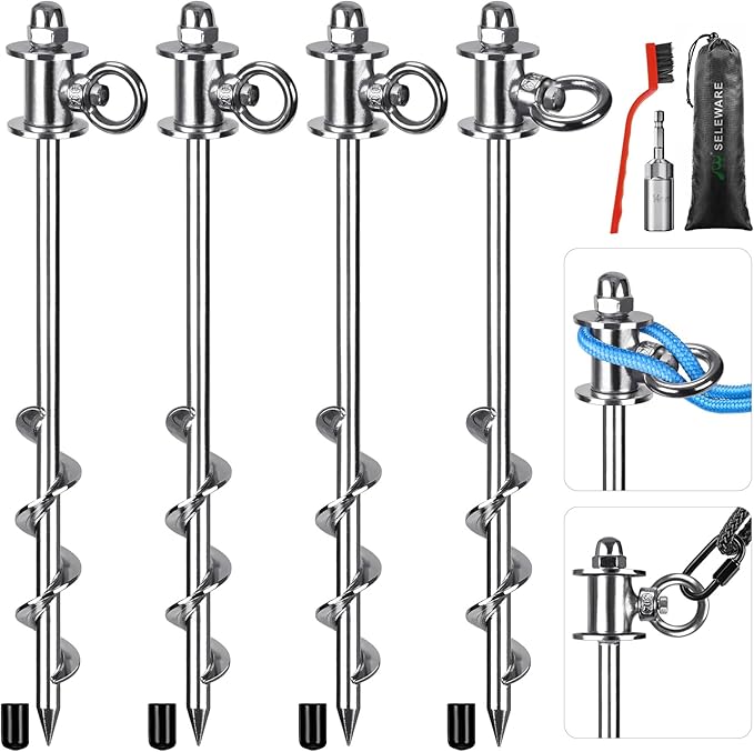 12‘’ Long Heavy Duty Ground Anchors Broad Helix Tent Stakes for Trampoline Camping Swing Set Shed Canopy Securing Animals Bounce House Free Swivel Anchor Design 4 Pcs