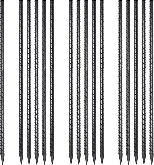Rebar Stakes 36 Inch 16 Pack Heavy Duty Steel Ground Anchors 1/2 Diameter Straight Metal Stakes Landscape Timber Spikes with Chisel Point End for Plant Support, Concrete Form, Black