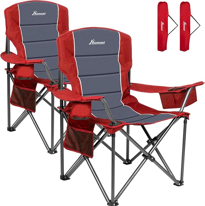 Romswi Oversized Camping Chairs,Heavy Duty Support 500 LBS,Padded Back & Arm Sport Chairs, Cup Holder Cooler Bag, Collapsible Folding Chairs for Outdoor, Fishing & Garden, Red,2-Pack
