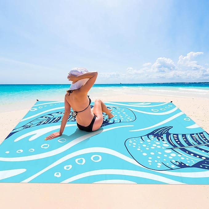 Beach Blanket, 78''×86'' Large Waterproof Sandproof Beach Mat for 2-4 Adults, Lightweight Compact Sand Free Outdoor Picnic Blanket with 4 Stakes & 4 Corner Pockets