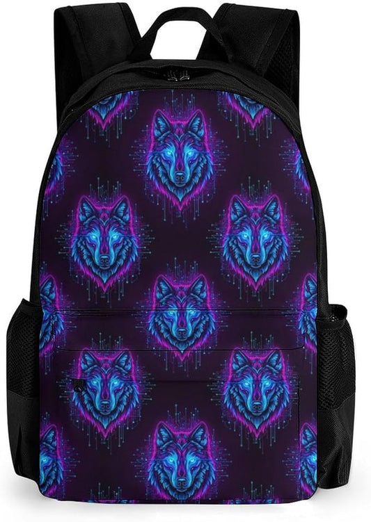 Supdreamc Polyester Daypack Backpack for Sports Travel Running, Big Capacity Anti-Theft Multipurpose Carry On Bag, Neon Wolf Laptop Book Bag Rucksack