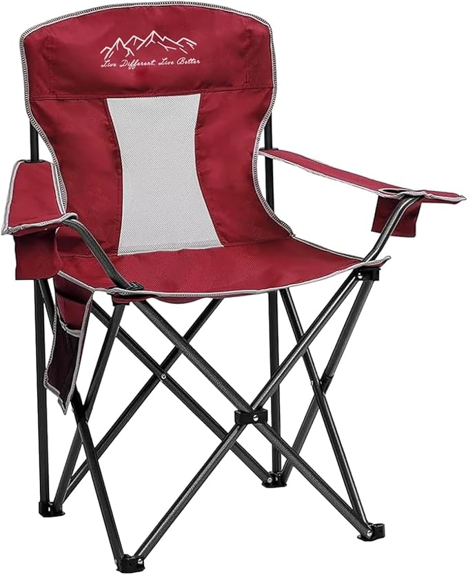 Outdoor Folding Camping Chair with Cup Holder, Storage Bag, Large Anti-Sink Feet, 325lbs Capacity, Breathable Mesh Portable Chair for Camping, Beach, Fishing, Sports, Red