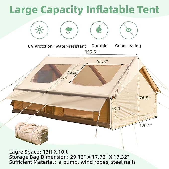 EROMMY 4/6/8/12 Person Inflatable Tent with Skylight, 4 Season Blow Up Tents with Hand Pump for Outdoor Camping & Hiking, Easy Set-up Windproof Sunproof Waterproof