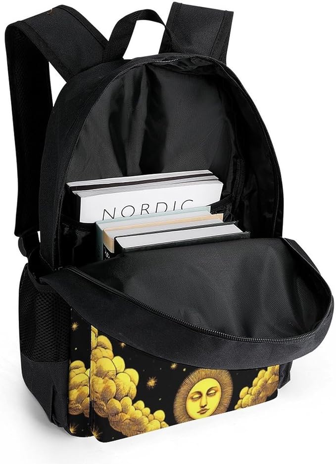 Polyester Daypack for Camping Travel Walking Cycling, Big Capacity Anti-Theft Multipurpose Bookbag, Sun Crescent Moon Stars Astrology Tarot Cards Camping Outdoor Backpack