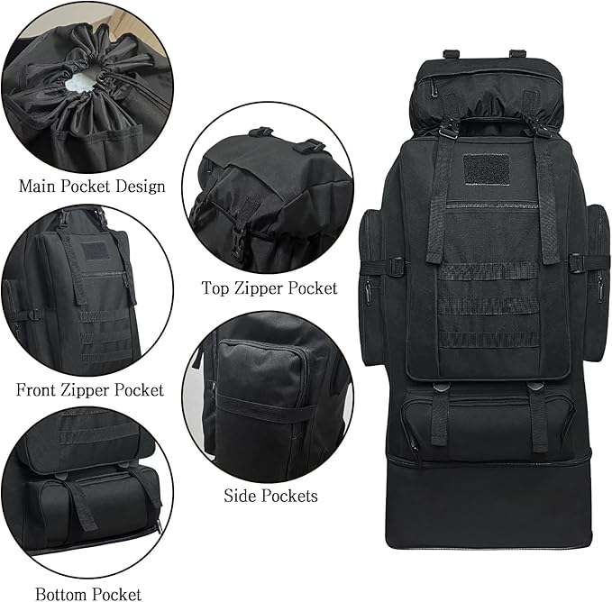 100L Camping Hiking Backpack, Military Tactical Backpack Molle Rucksack, Extra Large Hiking Daypack, Water Resistant Hiking Bag, Outdoor Sports Backpack, Adjustable Sport Bag (Black)