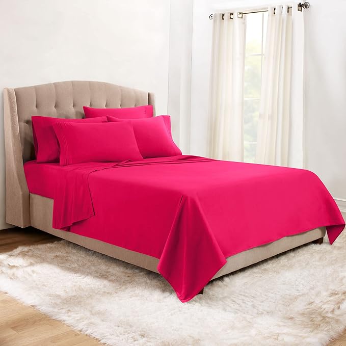 Clara Clark Full Sheets, 6 Piece Set - Hotel Luxury Bed Sheets, Super Soft Bedding Set, Full Size, Hot Pink