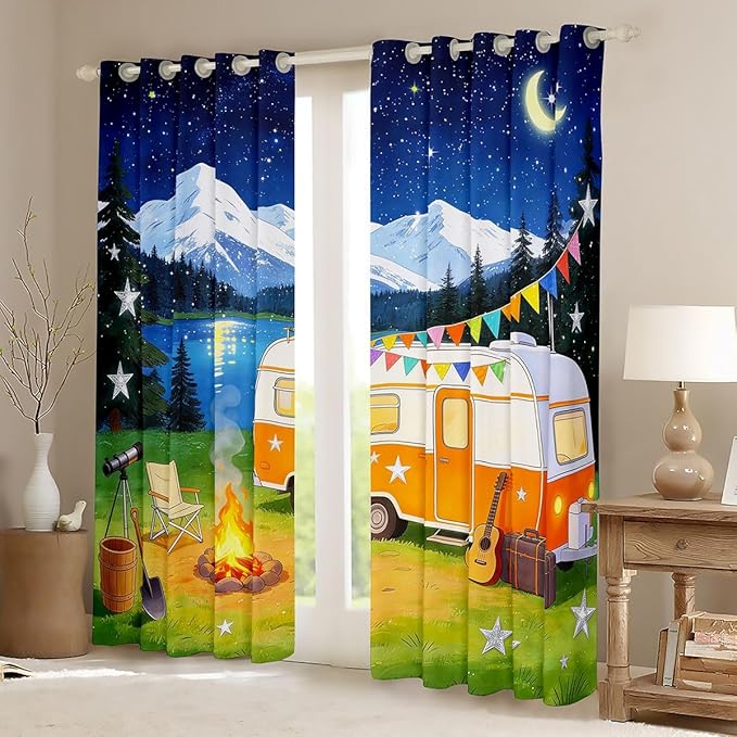 jejeloiu RV Camping Blackout Curtains Cartoon Camping Car Darkening Drapes for Bedroom Room Decor Campfire Thermal Insulated Shades Farmhouse Trailers Camper, 2 Panels 42 x 84 Inch
