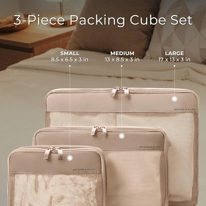 Briggs & Riley Compression Packing Cube Set - Bag Organizer for Check In Suitcase & Luggage, For Women & Men, Pack Accessories for Vacation - Travel Must Haves, 3-Piece, Tan