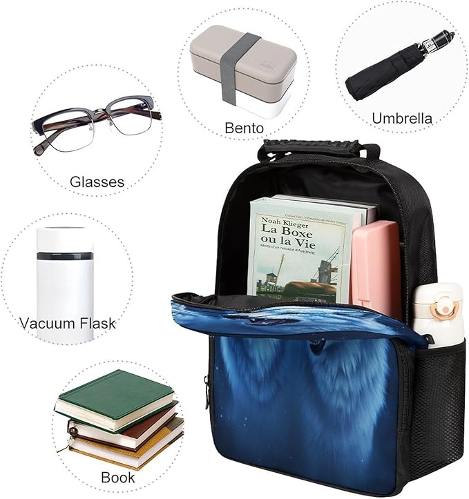Polyester Daypack Bookbag for Gym Business Bicycle, Large Capacity Multipurpose Anti-Theft Carry On Bag, White Wolves Painting Art Travel Hiking Daypack