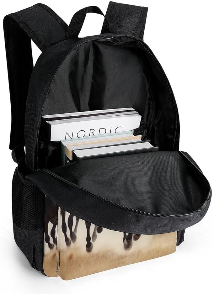 Men Women Polyester Wild Animal Running Horses Art Daypack Bookbag Big Capacity Shoulder Bag With Padded Straps for Climbing Travel Walking Cycling