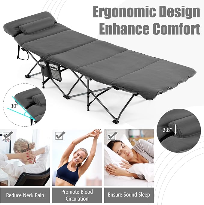 Goplus Camping Cot, Folding Camping Cot with Mattress, Pillow, Carry Bag, Storage Pocket, Camping Bed Military Cot for Home Office Nap Hiking, Heavy-Duty Portable Sleeping Cot for Adults Kids (Grey)