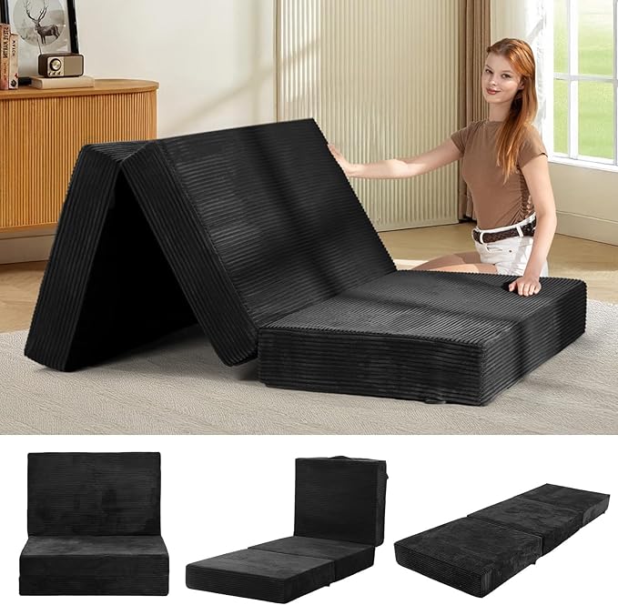 6-Inch Tri-Fold Mattress Twin Size - Foldable Futon Sofa Bed with Removable Washable Cover, Folding Memory Foam Futon Mattress | Non-Slip Bottom & Carry Handles for Guest, Camping, Dorm